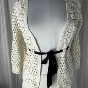 Talbots Italian Yarn Crochet Cardigan Tie Front Ivory Sweater Petite S